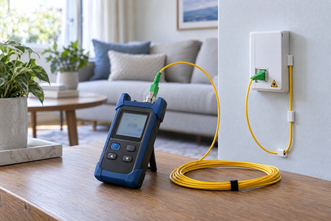 Mesureur optique et câble fibre intérieure près d’une prise PTO