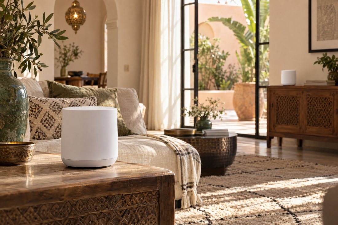 Deux bornes WiFi Mesh dans un intérieur lumineux de Marrakech